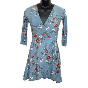 Rue21 Womens Floral Wrap Dress V-Neck 3/4 Sleeve Blue